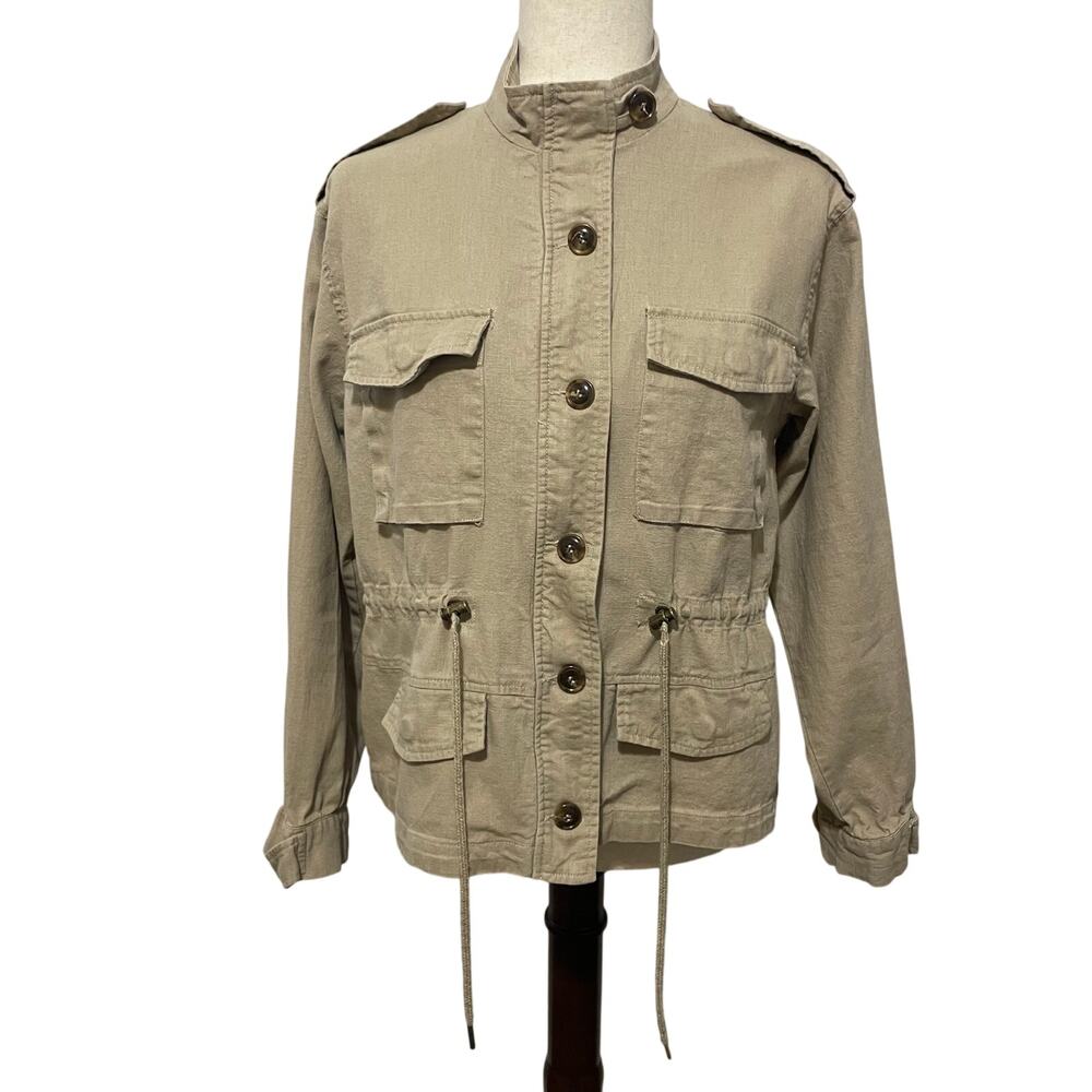Forever 21 Utility Safari Jacket Pockets Linen Epaulette Military Women’s XS Tan